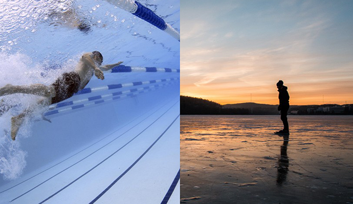 Bild på person som simmar i simhall och person på skridskor på is i solnedgång.