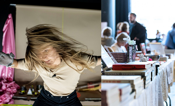 Collagebild: till vänster bild ur föreställningen MINERALISM av Kaverikollektivet, foto: Chrisander Brun. Till höger: bild från Stockholms litteraturmässa