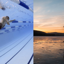 Bild på person som simmar i simhall och person på skridskor på is i solnedgång.