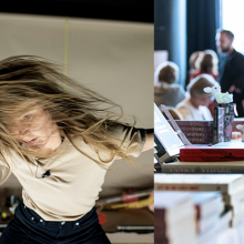 Collagebild: till vänster bild ur föreställningen MINERALISM av Kaverikollektivet, foto: Chrisander Brun. Till höger: bild från Stockholms litteraturmässa
