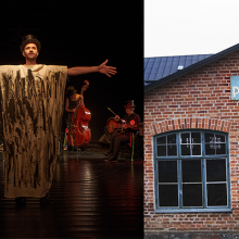 Collagebild. Person på scen från Strindbergs intima teater. Tegelfasad Pythagoras industrimuseum.